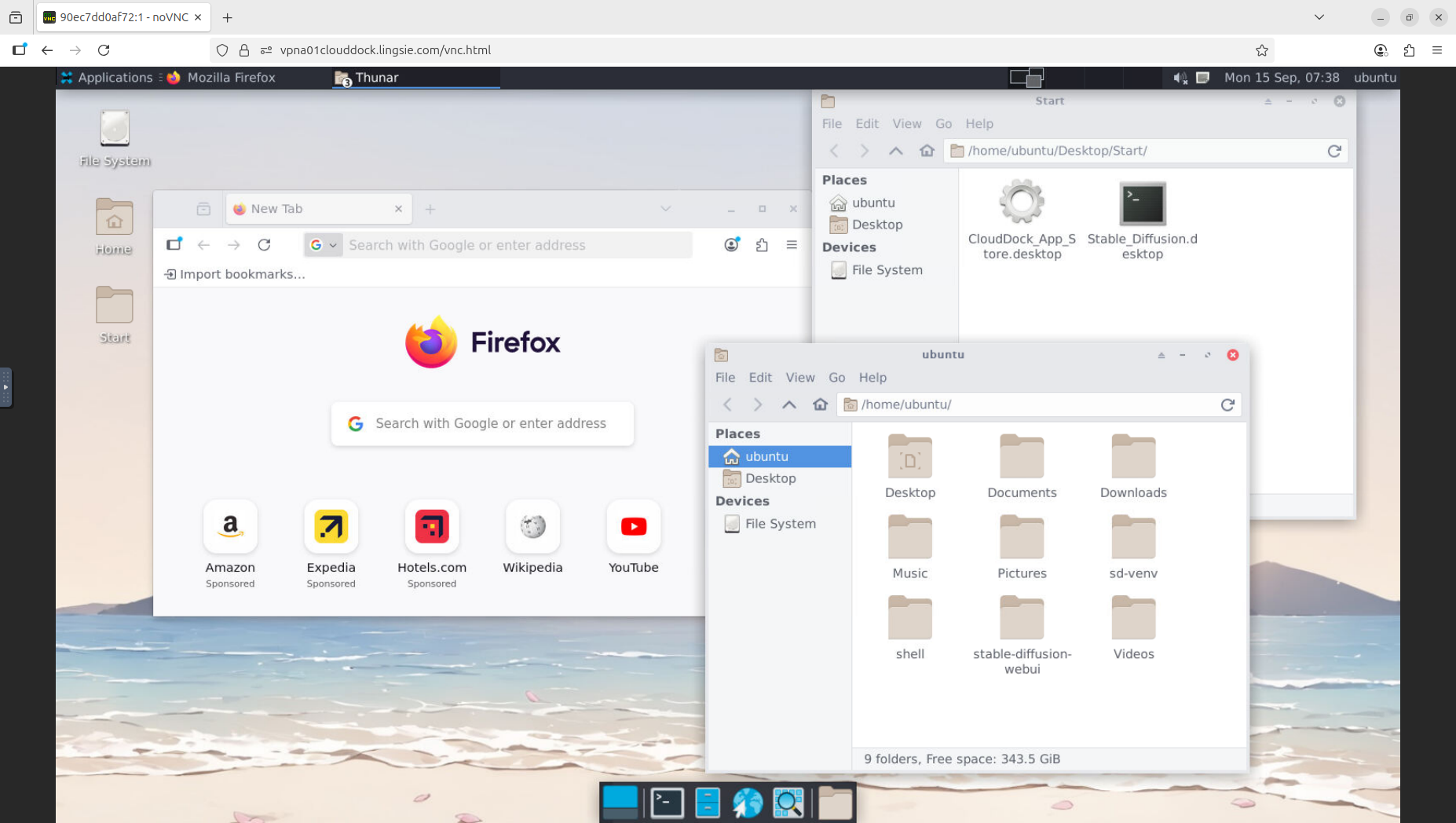 XFCE desktop with browser and Downloads inside the container