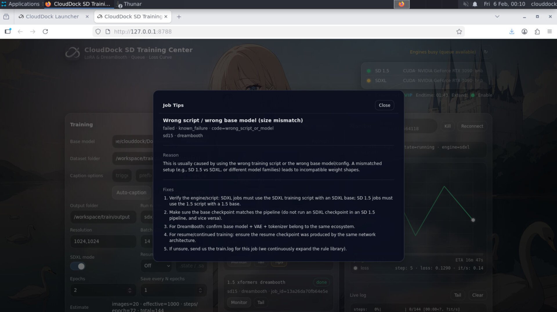 Failed job tips button and panel