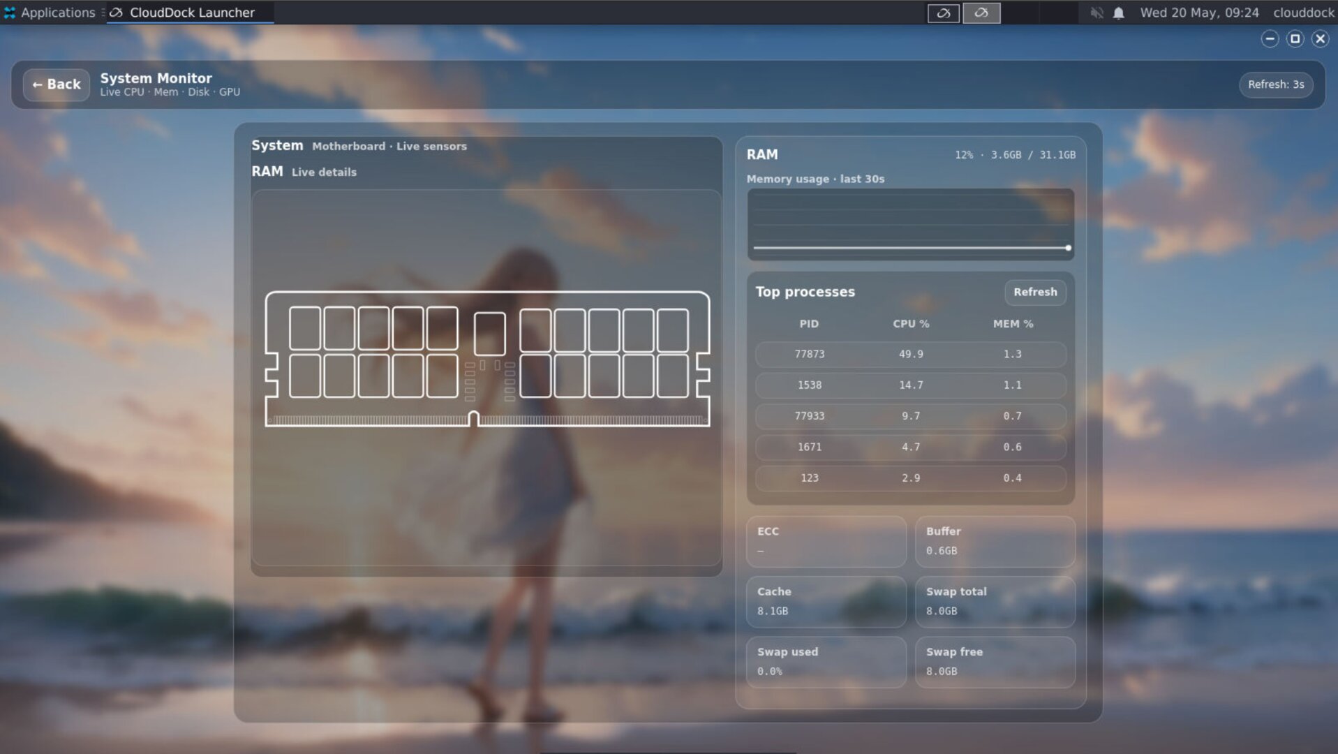 CloudDock memory detail panel with top processes