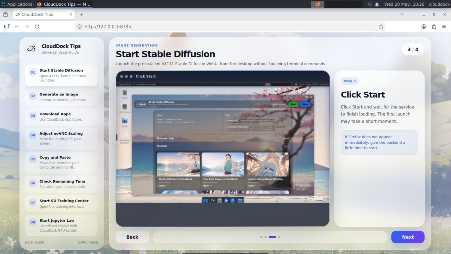 CloudDock Tips opening Stable Diffusion tutorial