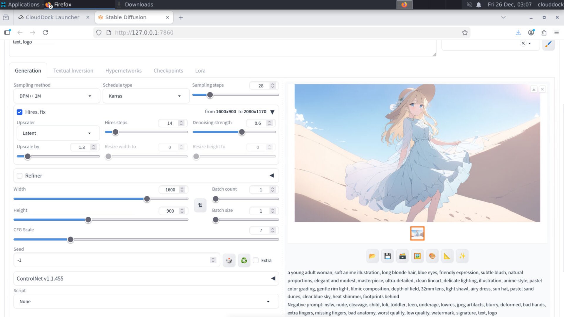 A1111 hires fix settings showing 1.3x scale and low denoising strength