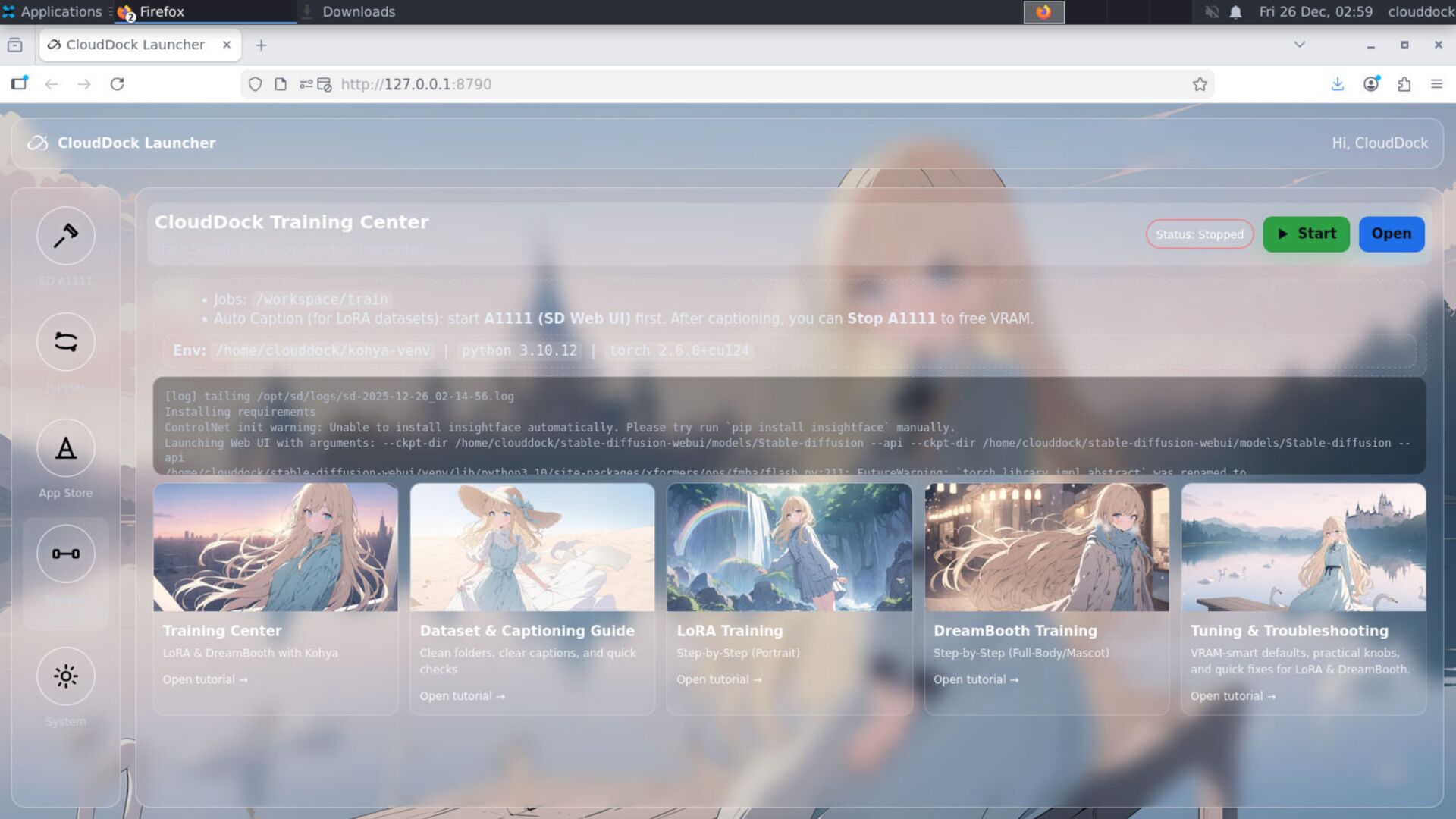 CloudDock Launcher with buttons for SD, Training Center, App Store