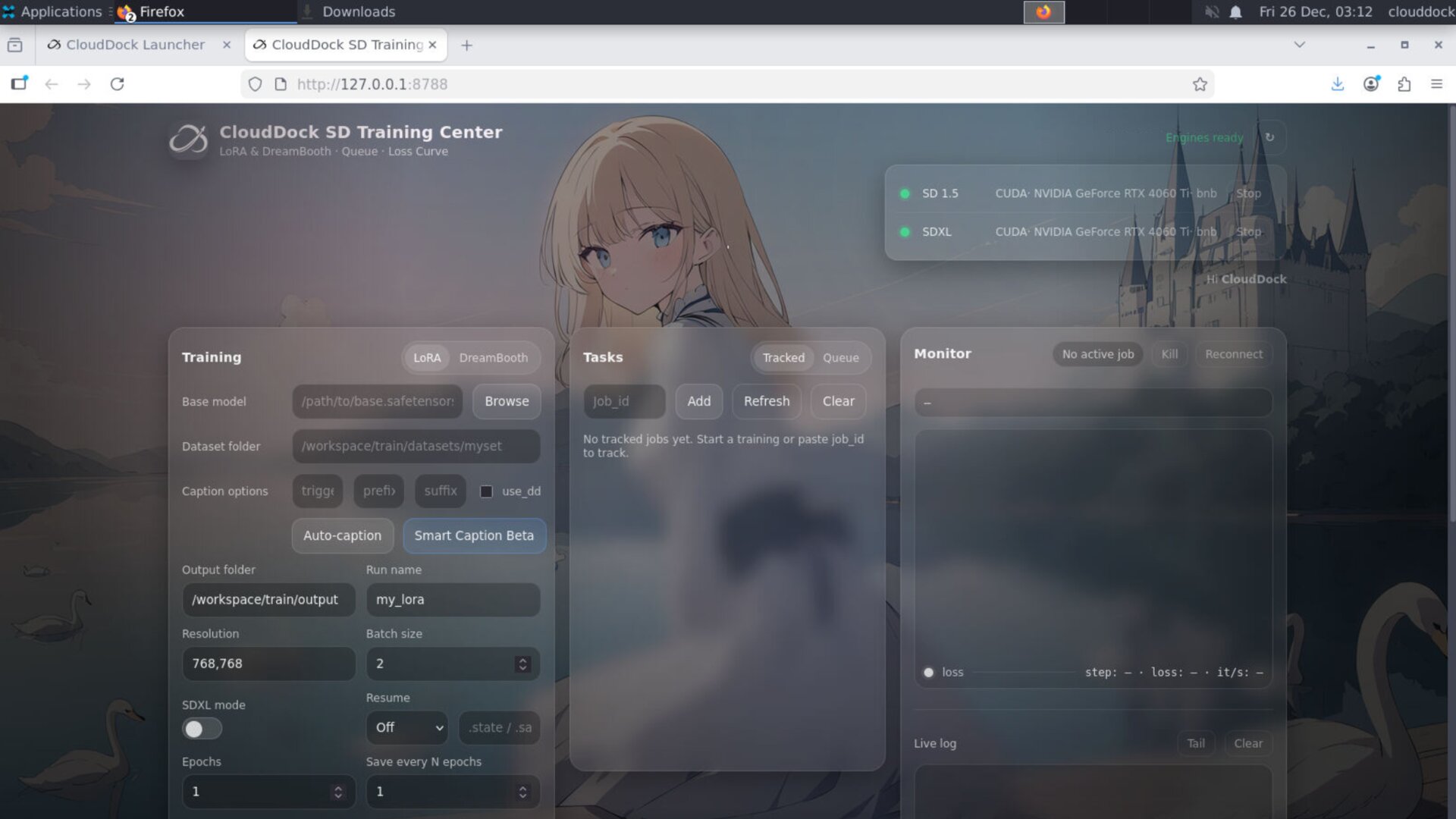 CloudDock SD Training Center UI showing dataset path, model selection, and job queue
