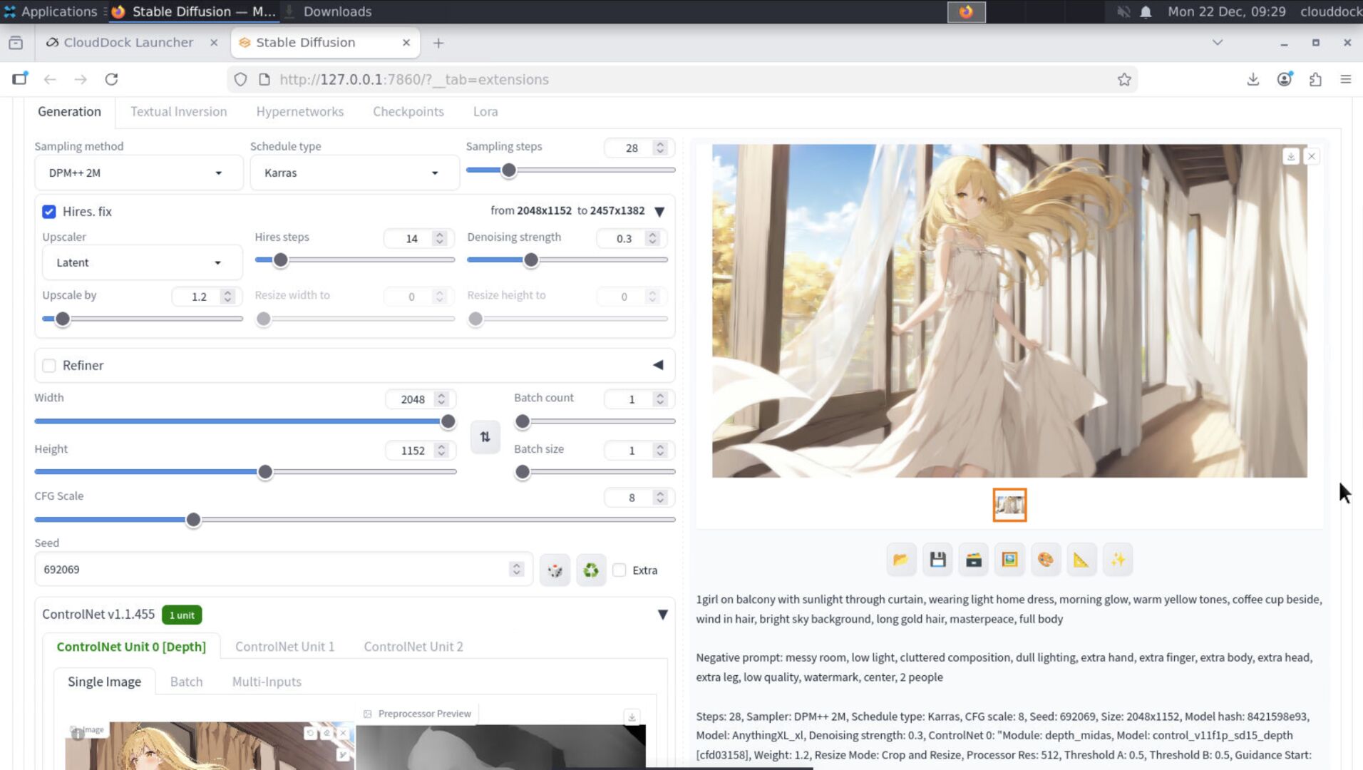 Hires fix settings showing scale around 1.3x and denoise around 0.3