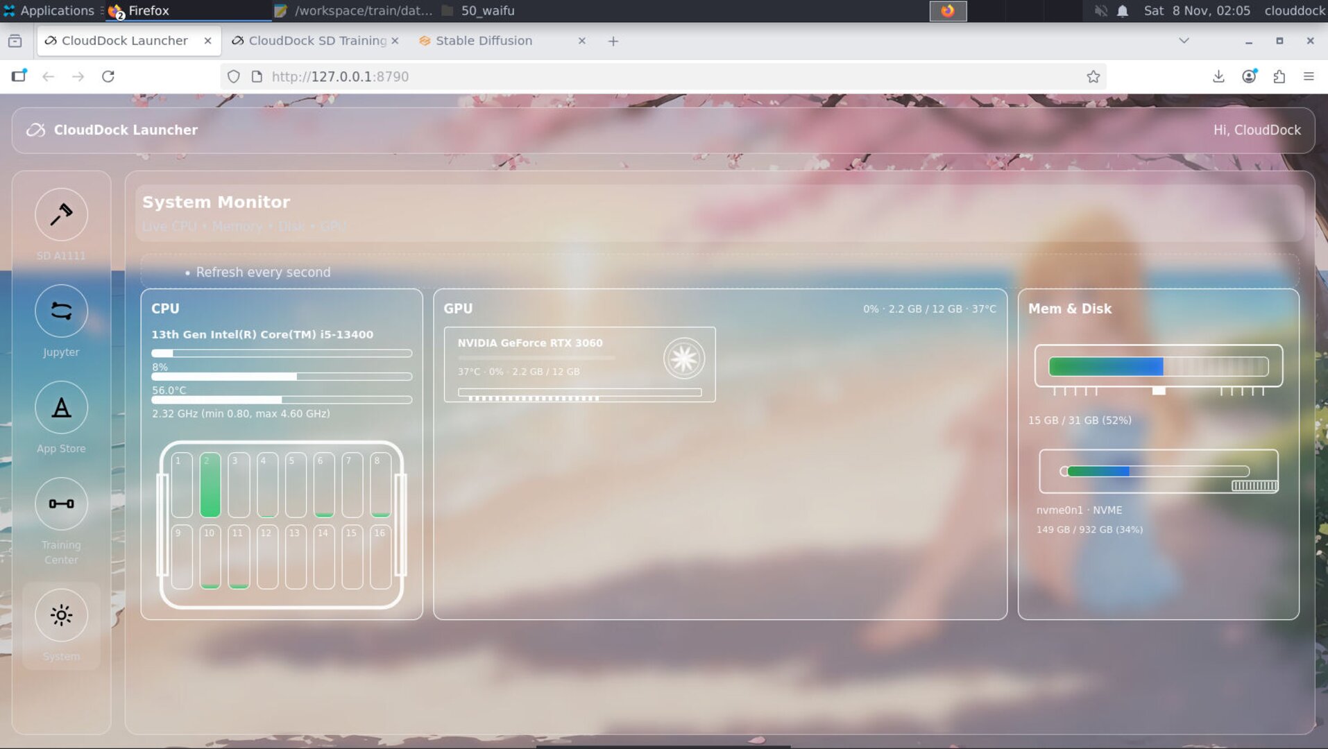 Launcher System panel showing VRAM and disk usage