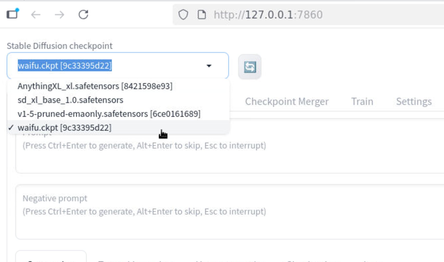 Trained checkpoint listed in A1111 dropdown