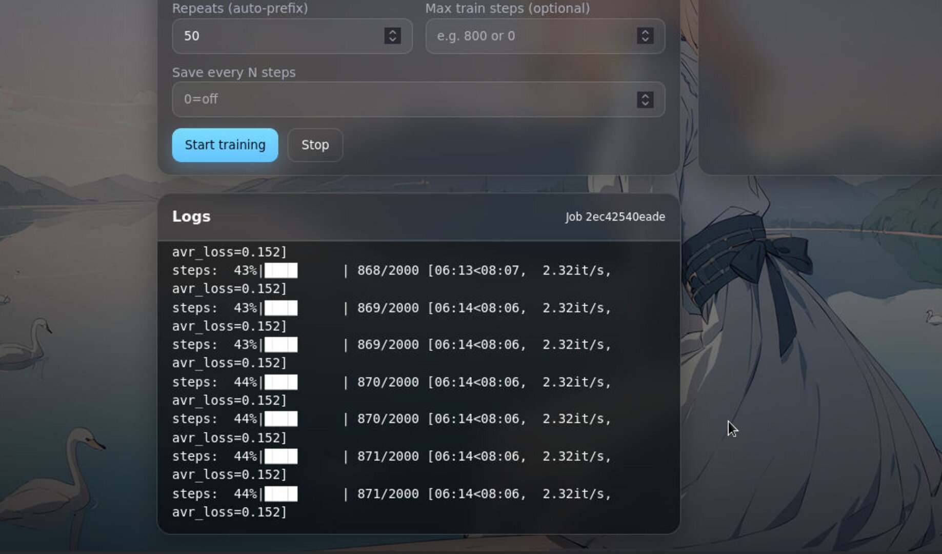 Training progress with live logs and ETA