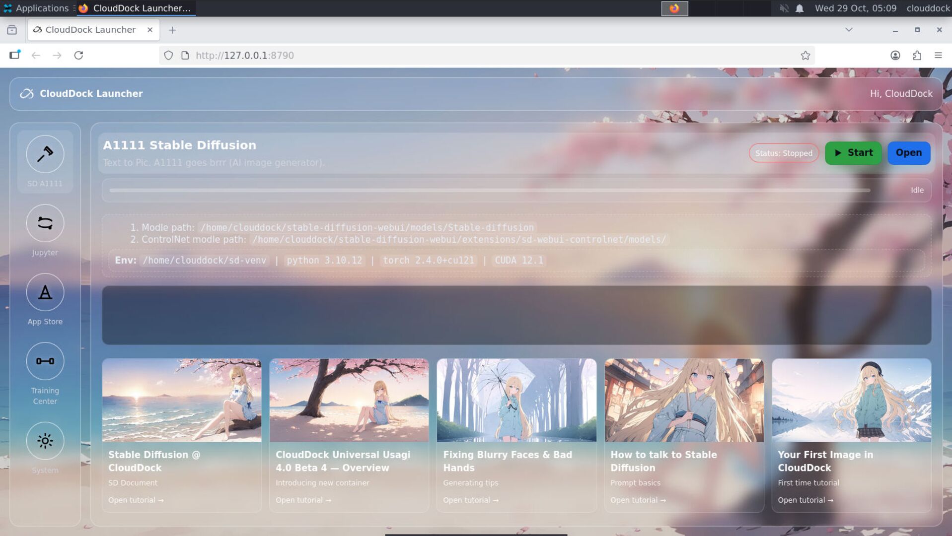 CloudDock Launcher showing the Stable Diffusion card with a Start button