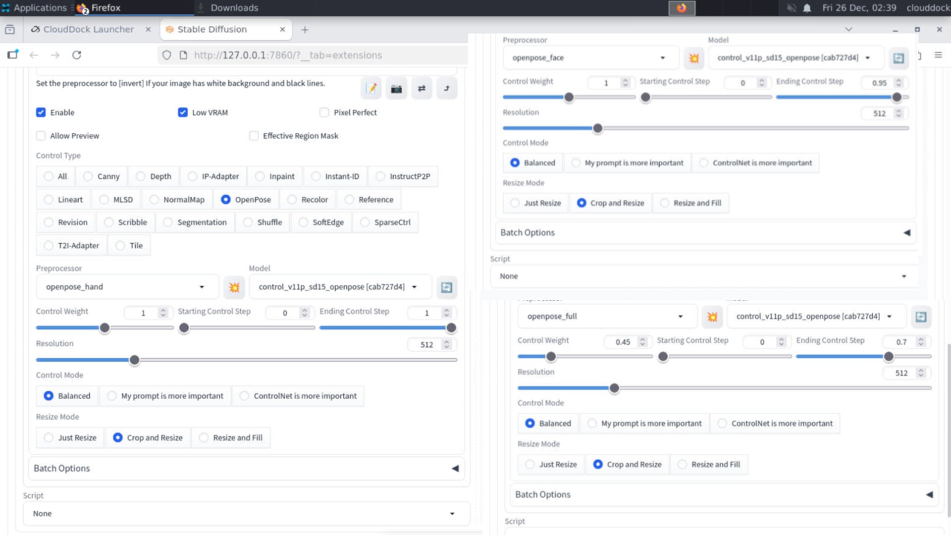 ControlNet panel showing three slots configured for pose, face, and hands with different weights