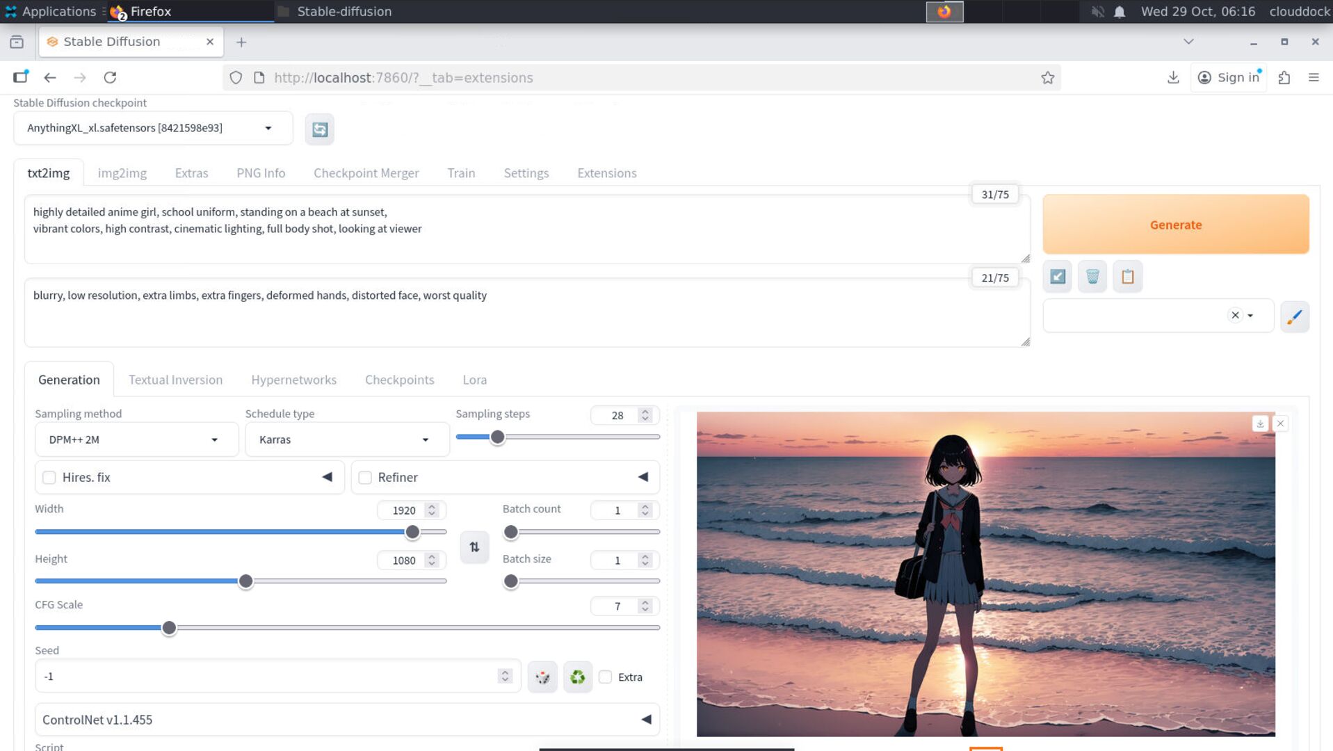 Anime-style school uniform character on a sunset beach, vibrant and high-contrast