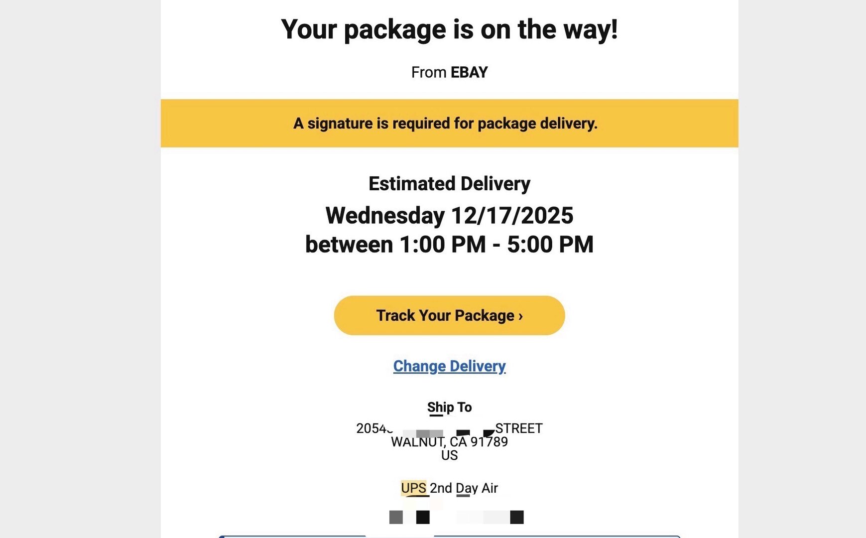 UPS email notification (redacted)
