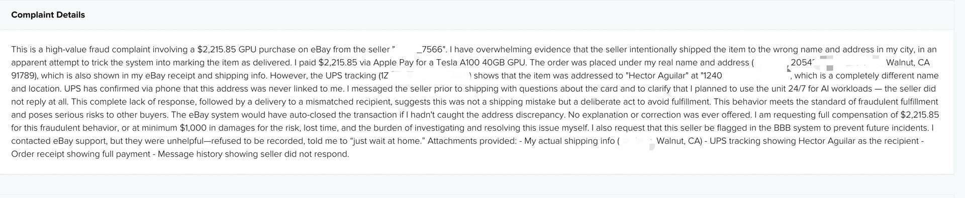 BBB complaint submission screenshot (redacted)